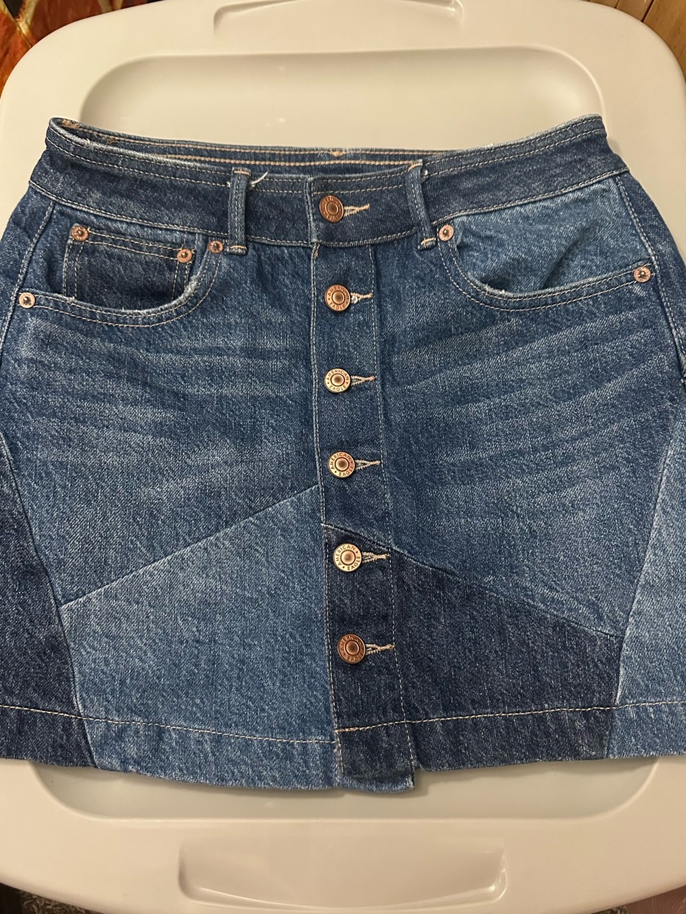 American Eagle Super Hi-Rise A-Line Patchwork Denim Mini Skirt
